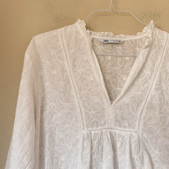 ZARA Cotton Embroidered White Blouse Tunic Top Shirt Size Medium - Picture 5 of 9